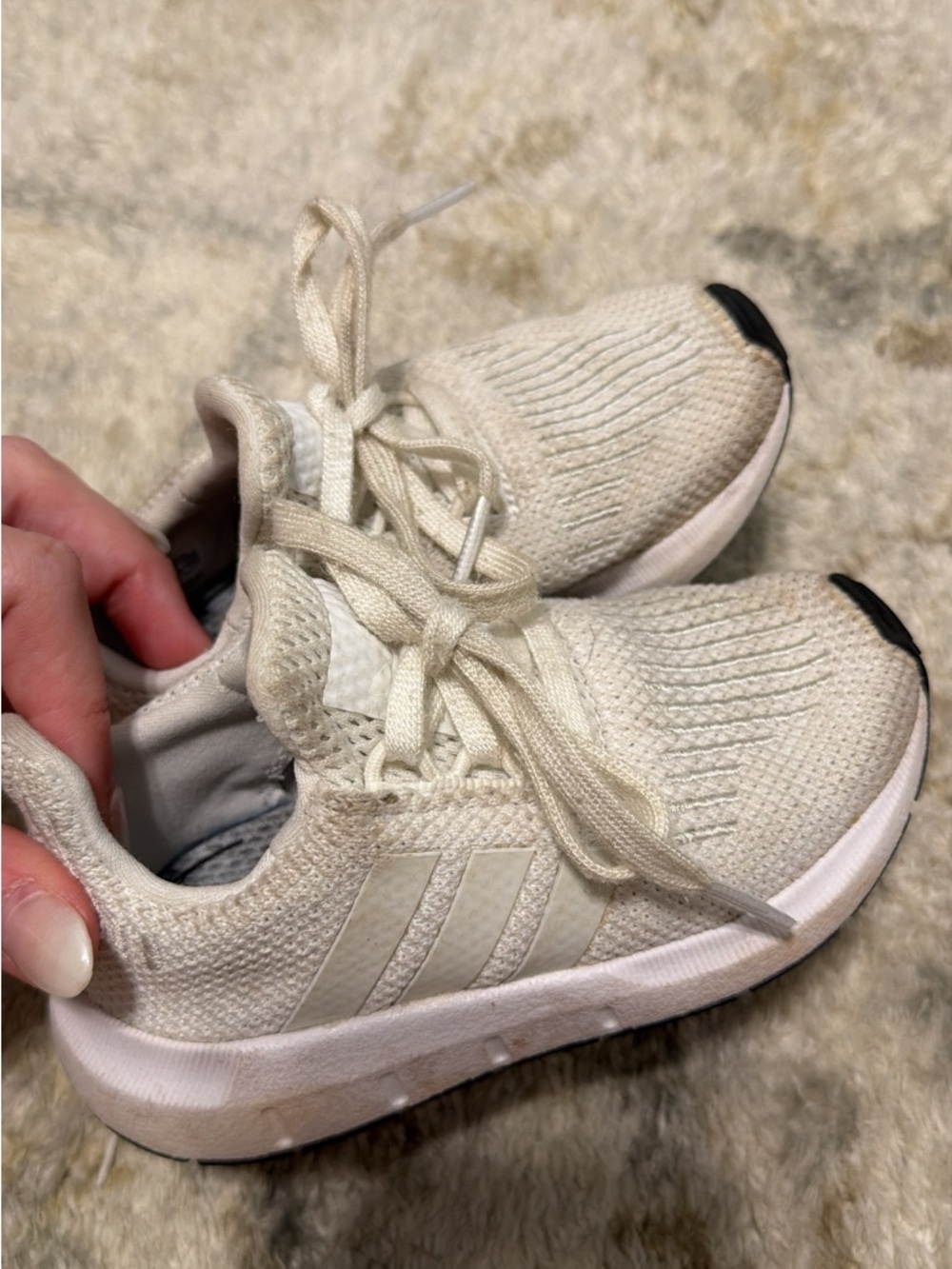 adidas Cream Knit Kids Sneakers with Black Toe Caps